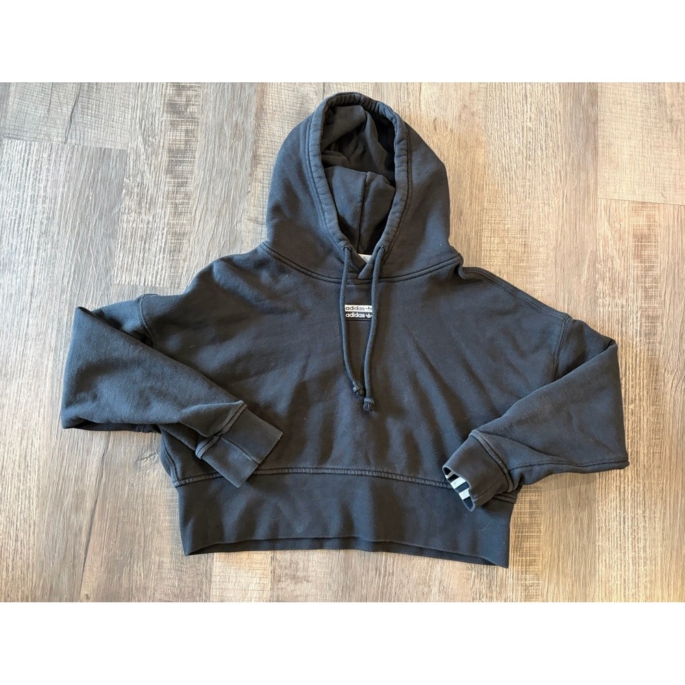 Adidas Women's Cropped Hoodie Black 3 Stripe Sweatshirt Pullover Size Small